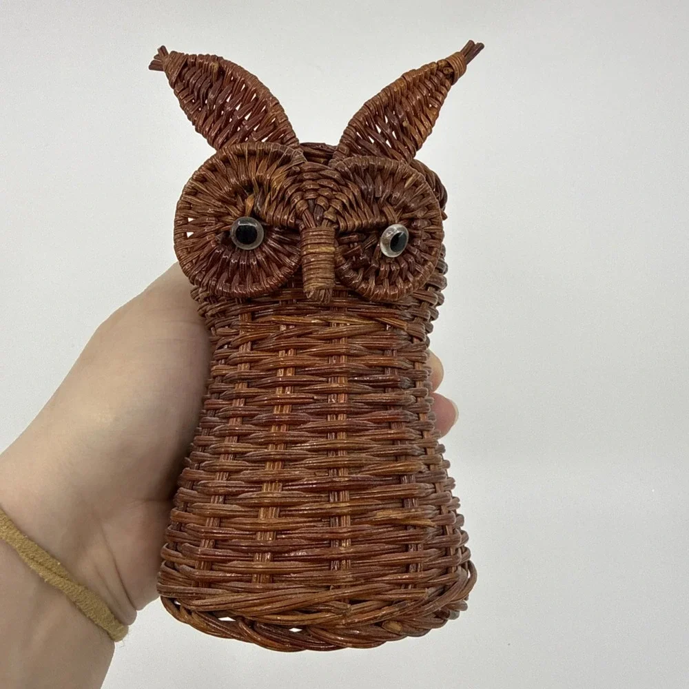 Vtg Mid Century‎ Modern Great Horned Owl Rattan Raffia Boho Basket 6